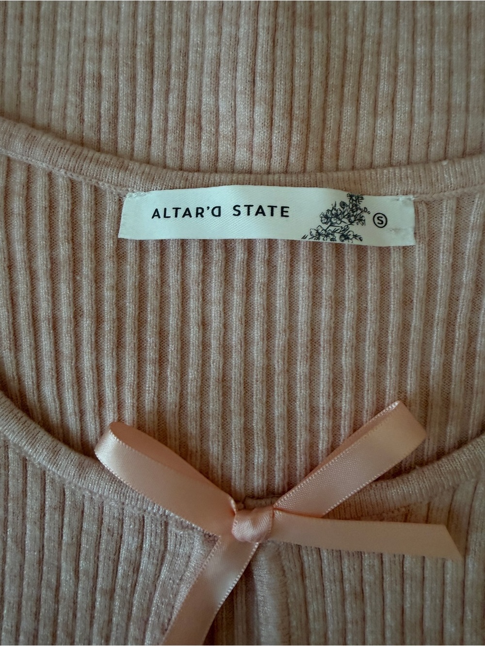 Altar'd State Blush Ribbed Crewneck Sweater with Bow Ties - Picture 3 of 5